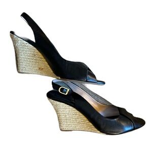 Banana Republic Espadrille Wedge Heel Slingback Womens Black Leather Shoe 10